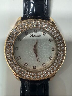 Stauer Women's Gold Crystal Accent Watch with Black Strap